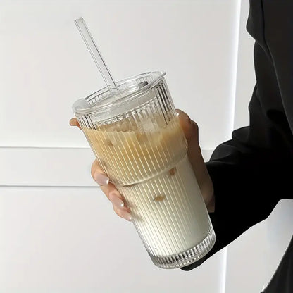 蓋付き600mlストライプガラスコーヒーカップ - 透明な再利用可能なアイスコーヒー＆ジュースタンブラー