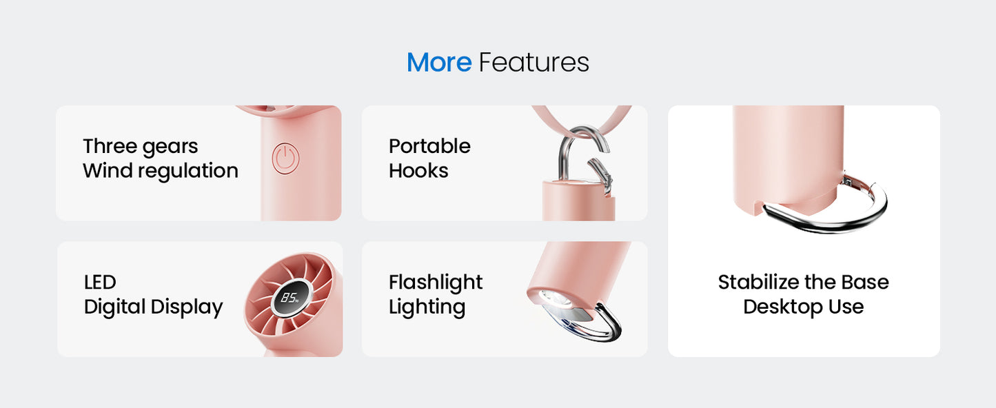 GAIATOP Portable Mini Fan with LED Display & Flashlight – 3 Speeds, USB Rechargeable, Handheld & Desktop Cooling