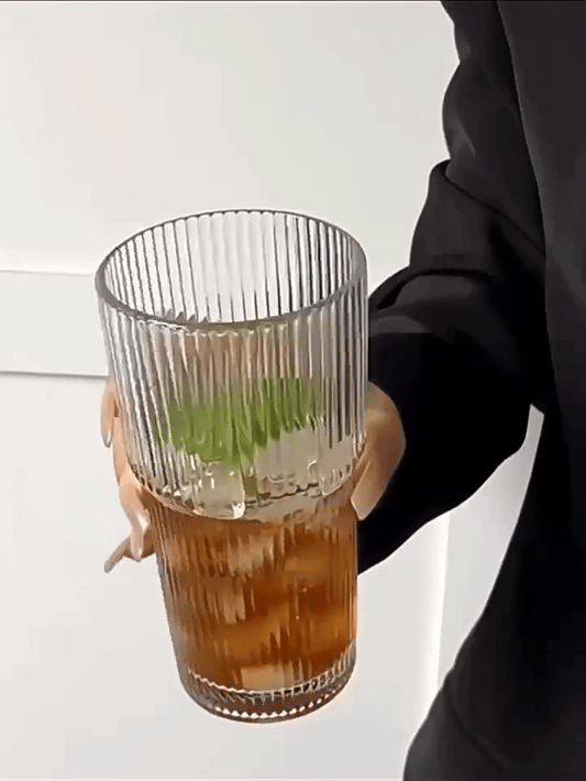 蓋付き600mlストライプガラスコーヒーカップ - 透明な再利用可能なアイスコーヒー＆ジュースタンブラー