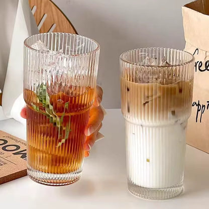 蓋付き600mlストライプガラスコーヒーカップ - 透明な再利用可能なアイスコーヒー＆ジュースタンブラー