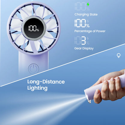 GAIATOP Portable Mini Fan with LED Display & Flashlight – 3 Speeds, USB Rechargeable, Handheld & Desktop Cooling