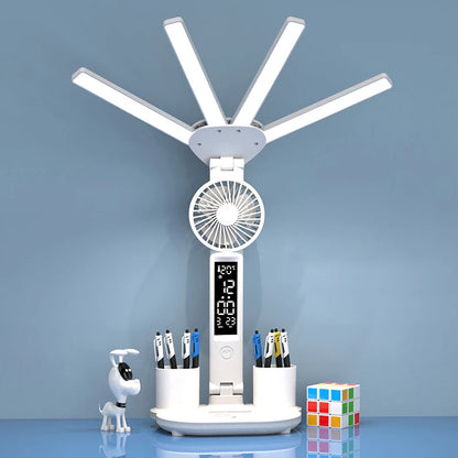 Nabíjateľná stolová lampa na štúdium, stolové svetlo LED svetlo LED svetlo LED s ventilátorom, LED hodinové čítanie lampy