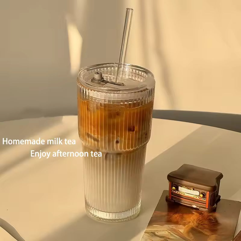 蓋付き600mlストライプガラスコーヒーカップ - 透明な再利用可能なアイスコーヒー＆ジュースタンブラー