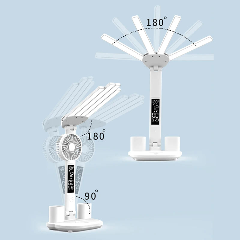 Nabíjateľná stolová lampa na štúdium, stolové svetlo LED svetlo LED svetlo LED s ventilátorom, LED hodinové čítanie lampy