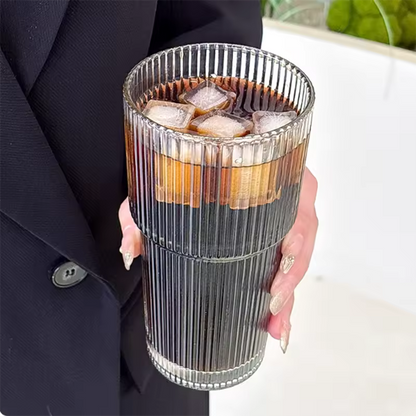 蓋付き600mlストライプガラスコーヒーカップ - 透明な再利用可能なアイスコーヒー＆ジュースタンブラー