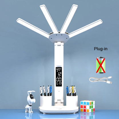 Nabíjateľná stolová lampa na štúdium, stolové svetlo LED svetlo LED svetlo LED s ventilátorom, LED hodinové čítanie lampy