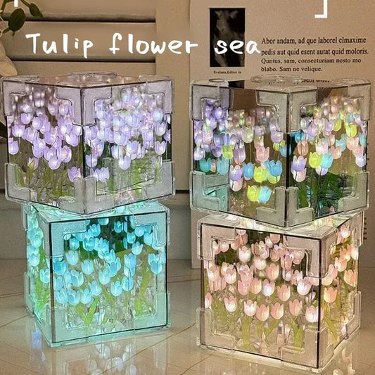 🌷 3D nočné svetlo s kvetom tulipánu v morskej kocke – večná záhrada v žiariacej krištáľovej kocke