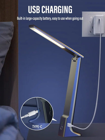折りたたみ式LEDデスクランプ -  USB充電式タッチコントロール、目の保護、研究用の薄暗い3色光、オフィス、ベッドサイド