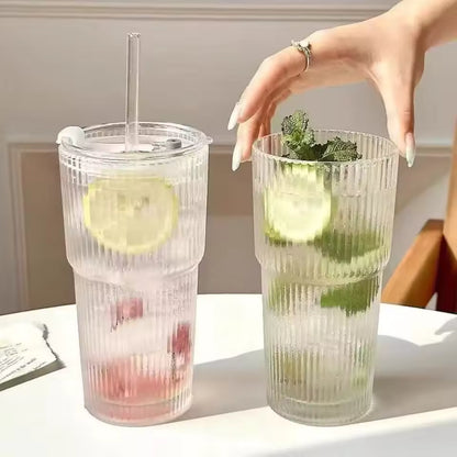蓋付き600mlストライプガラスコーヒーカップ - 透明な再利用可能なアイスコーヒー＆ジュースタンブラー