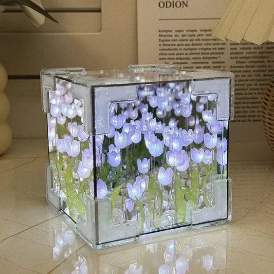 🌷 3D nočné svetlo s kvetom tulipánu v morskej kocke – večná záhrada v žiariacej krištáľovej kocke