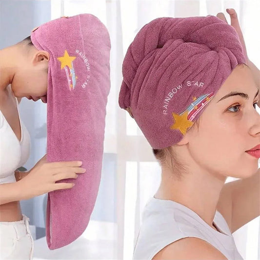 Lunvail™刺繍コーラルフリースヘアドライキャップ - 女性用の超吸収性クイックドライタオル