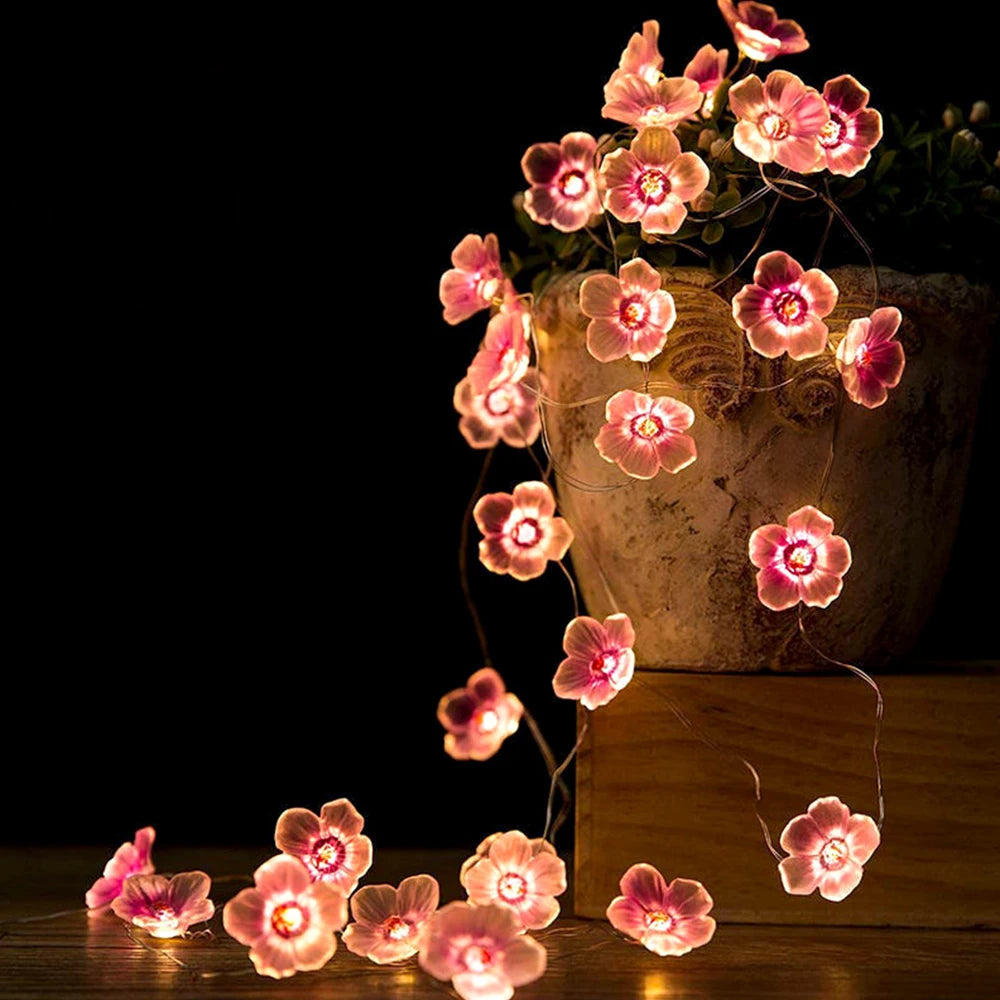 <tc>Lunvail</tc>™ Soilse Sí Bláth Silíní Bándearg LED 3M/2M – Solas Teaghráin USB &amp; Ceallraí (20/30 LED)