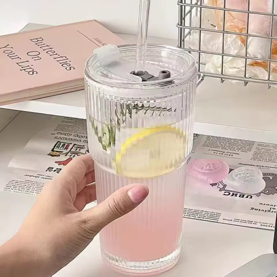 蓋付き600mlストライプガラスコーヒーカップ - 透明な再利用可能なアイスコーヒー＆ジュースタンブラー