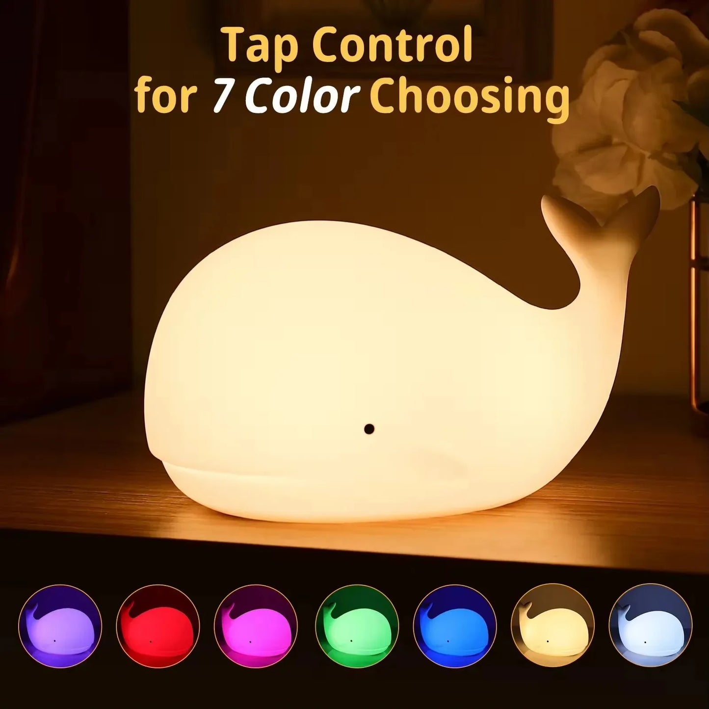 Whaleglow ™ Solas Oíche Silicone-Lampa míolta móra athluchtaithe 7-dhath do na páistí, naíolann & cois leapa