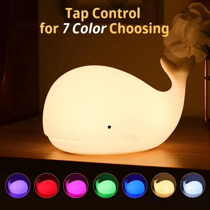 Whaleglow ™ Solas Oíche Silicone-Lampa míolta móra athluchtaithe 7-dhath do na páistí, naíolann & cois leapa
