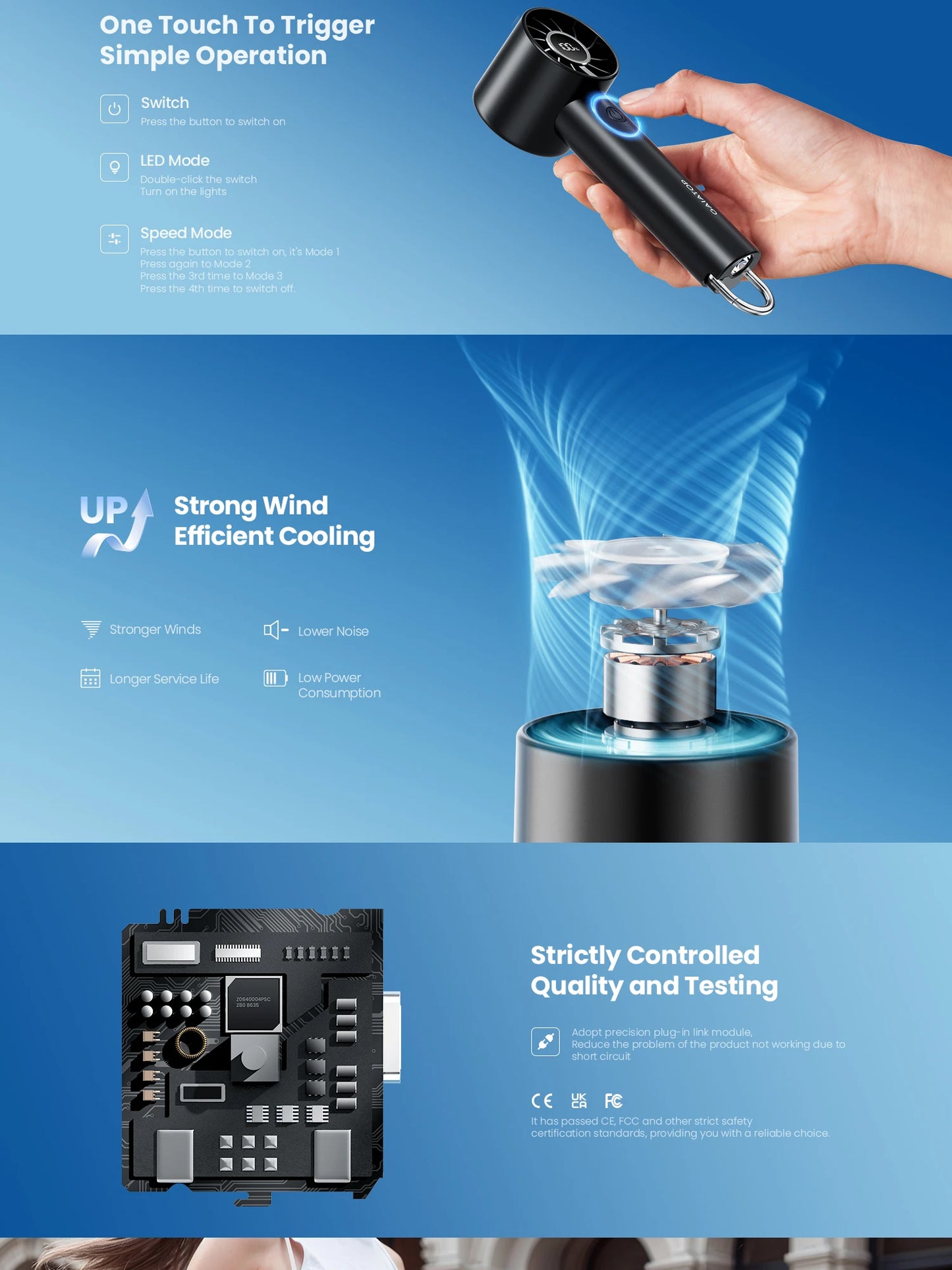 GAIATOP Portable Mini Fan with LED Display & Flashlight – 3 Speeds, USB Rechargeable, Handheld & Desktop Cooling