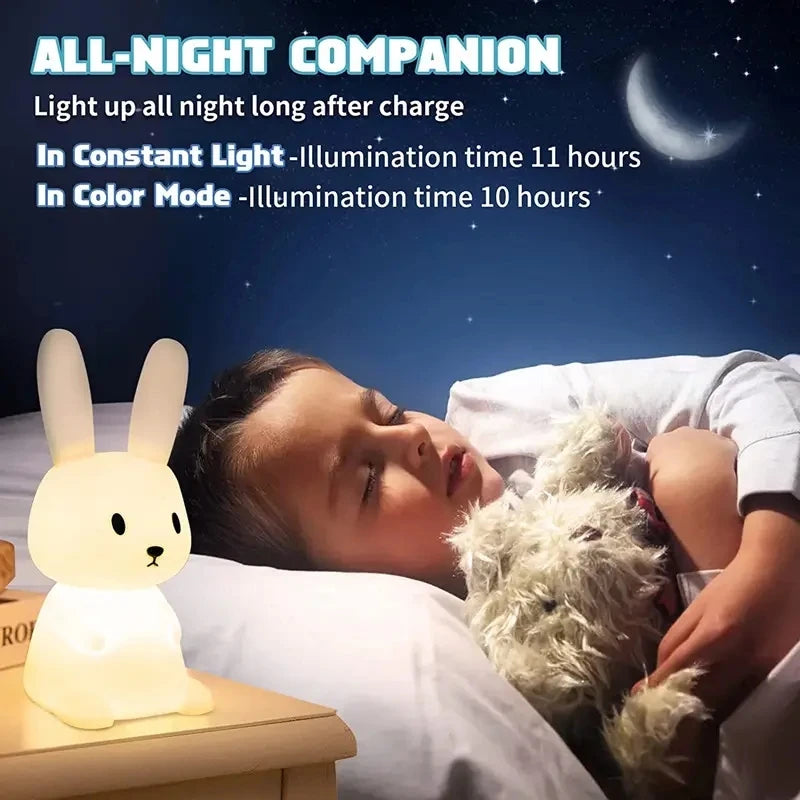 Glowbunny™タッチナイトライト - 子供とベビールーム用の7色とタイマー付きの柔らかいシリコーンウサギランプ