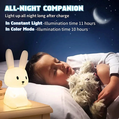Glowbunny™タッチナイトライト - 子供とベビールーム用の7色とタイマー付きの柔らかいシリコーンウサギランプ