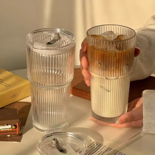 蓋付き600mlストライプガラスコーヒーカップ - 透明な再利用可能なアイスコーヒー＆ジュースタンブラー