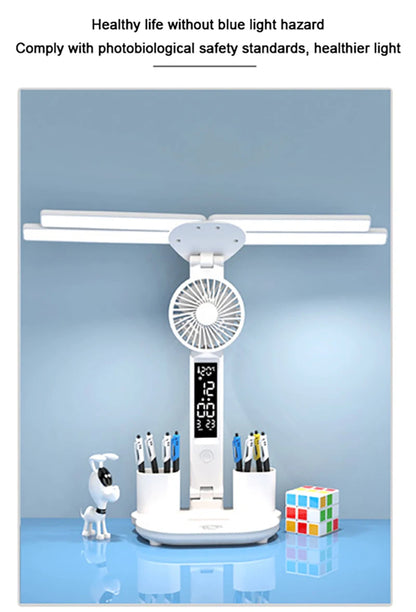 Nabíjateľná stolová lampa na štúdium, stolové svetlo LED svetlo LED svetlo LED s ventilátorom, LED hodinové čítanie lampy