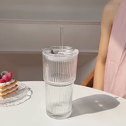 蓋付き600mlストライプガラスコーヒーカップ - 透明な再利用可能なアイスコーヒー＆ジュースタンブラー